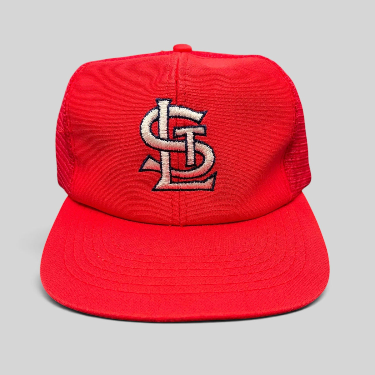 Raree Finds vintage St. Louis Cardinals red mesh snapback hat with white and navy embroidered STL logo