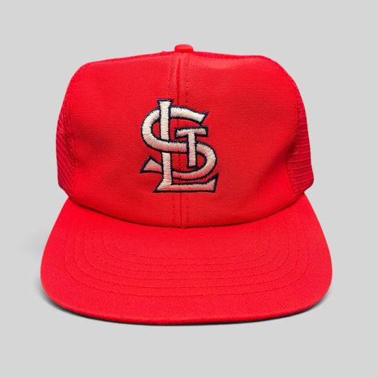 Raree Finds vintage St. Louis Cardinals red mesh snapback hat with white and navy embroidered STL logo