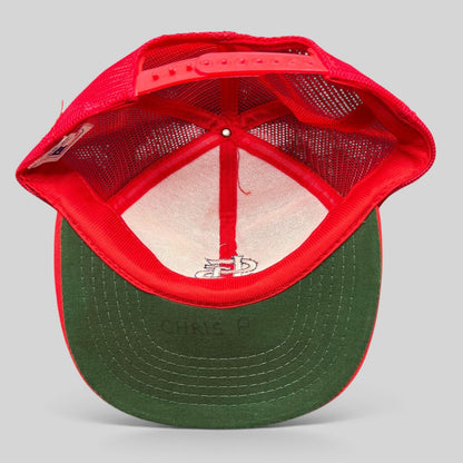 Raree Finds vintage St. Louis Cardinals mesh snapback hat with red crown, green undervisor, and MLB license tag.