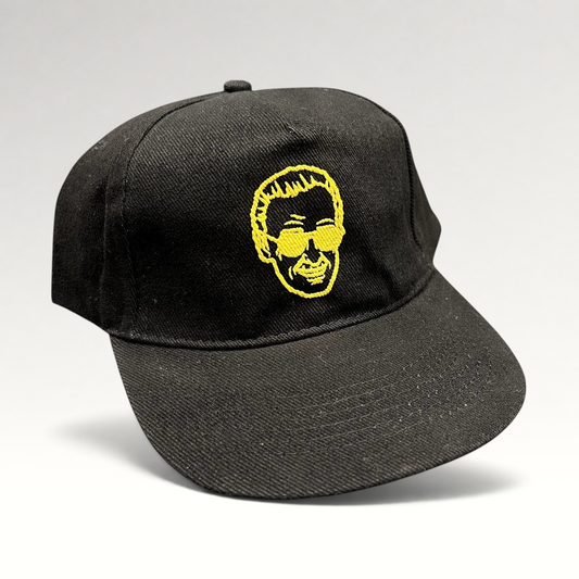 Raree Finds black strapback hat featuring gold embroidered Stan Lee portrait from 2019 Riyadh SuperCon event