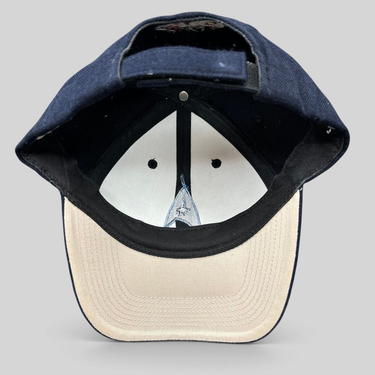 Raree Finds navy blue cotton twill Star Trek 2009 crew hat with Starfleet delta insignia and rear starship embroidery