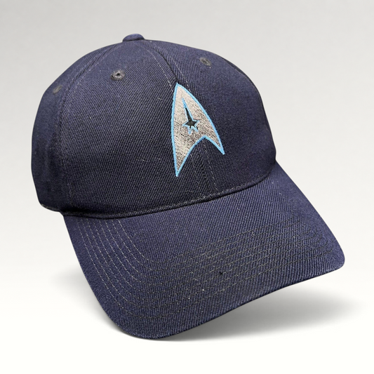 Raree Finds navy blue cotton twill Star Trek 2009 crew strapback hat with embroidered Starfleet delta insignia