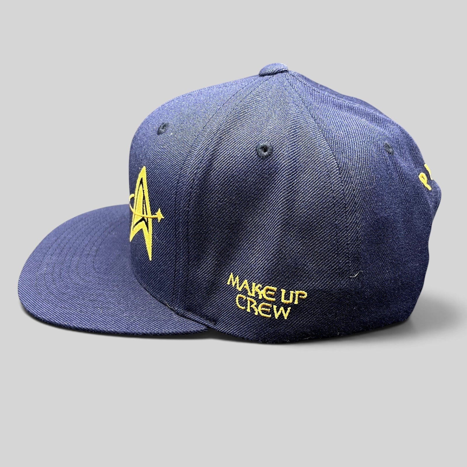 Raree Finds vintage navy Star Trek Starfleet Academy snapback hat with gold Make-Up Crew embroidery