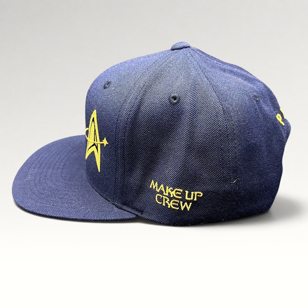 Raree Finds vintage navy Star Trek Starfleet Academy snapback hat with gold Make-Up Crew embroidery