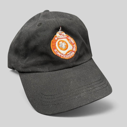 Raree Finds black cotton Star Wars Force Awakens BB-8 cast and crew strapback hat with embroidered Resistance emblem.