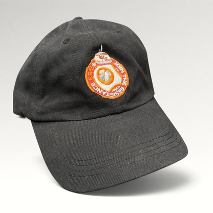 Raree Finds black cotton Star Wars Force Awakens BB-8 cast and crew strapback hat with embroidered Resistance emblem.