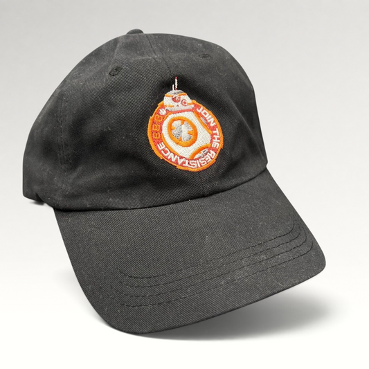 Raree Finds black cotton Star Wars Force Awakens BB-8 cast and crew strapback hat with embroidered Resistance emblem.