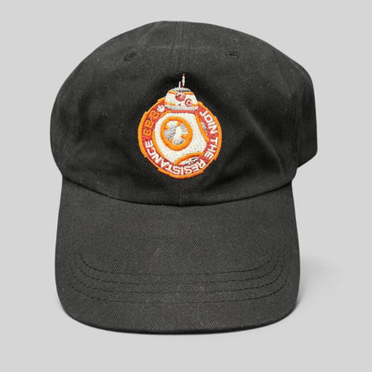 Raree Finds black cotton Star Wars Force Awakens BB-8 cast and crew strapback hat with embroidered Resistance emblem.
