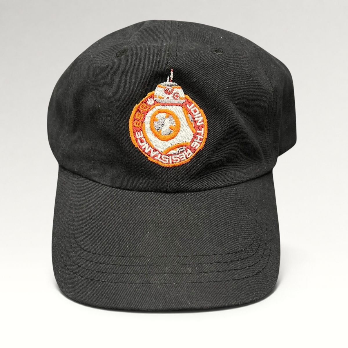 Raree Finds black cotton Star Wars Force Awakens BB-8 cast and crew strapback hat with embroidered Resistance emblem.