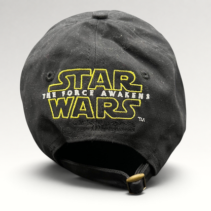Raree Finds Star Wars The Force Awakens black cotton strapback hat with yellow embroidered logo and brass buckle