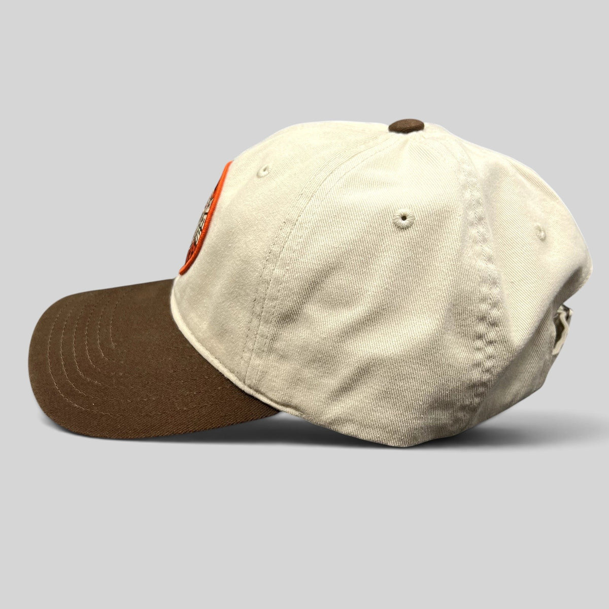 Raree Finds Star Wars Galactic Sentients strapback dad hat in cream and brown with a curved brim and side profile view.