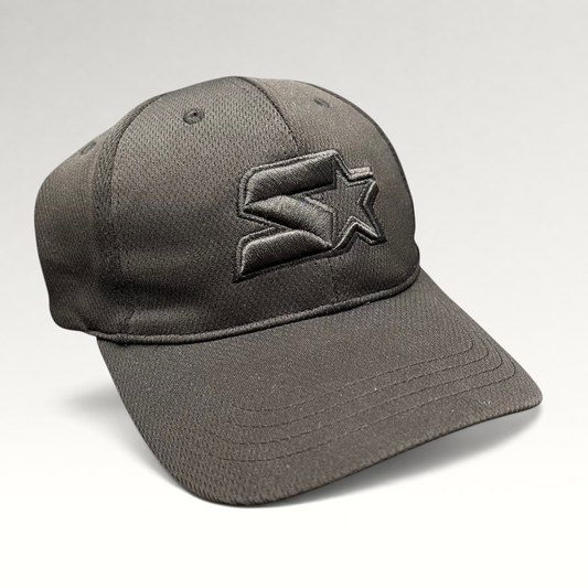 Raree Finds black Starter strapback hat with tonal embroidered logo and structured polyester athletic design.
