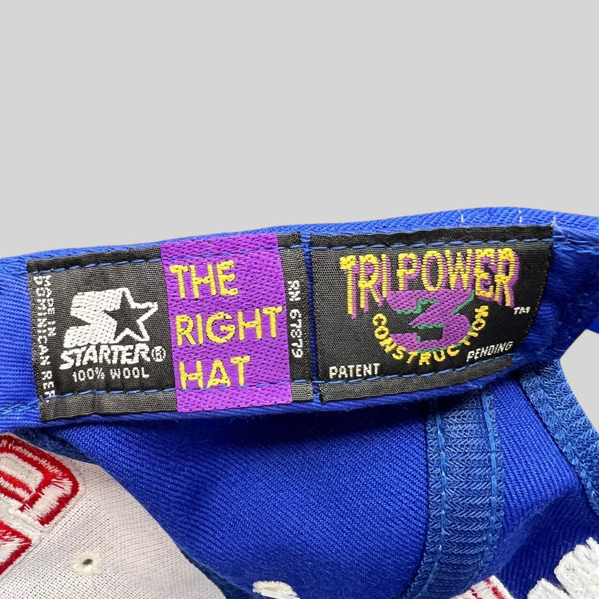 Raree Finds vintage Starter Tri-Power wool hat interior label with 100% wool and construction details