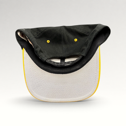 Raree Finds vintage Pittsburgh Steelers Nutmeg Mills snapback hat showing the gray underbrim and plastic closure