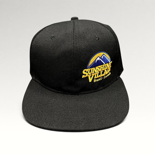 Raree Finds black snapback hat with Sunshine Village Banff Canada mountain logo embroidery and flat brim