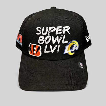 Raree Finds black New Era Super Bowl LVI trucker snapback hat with Bengals and Rams embroidered team logos.