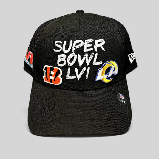 Raree Finds black New Era Super Bowl LVI trucker snapback hat with Bengals and Rams embroidered team logos.