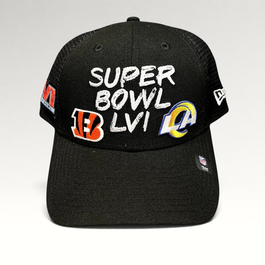 Raree Finds black New Era Super Bowl LVI trucker snapback hat with Bengals and Rams embroidered team logos.