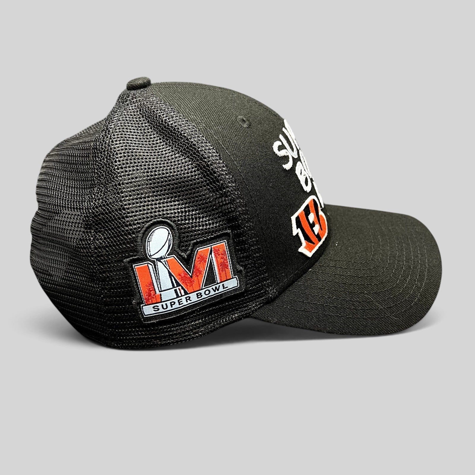 Raree Finds black New Era Super Bowl LVI trucker snapback hat with embroidered team logos and side patch