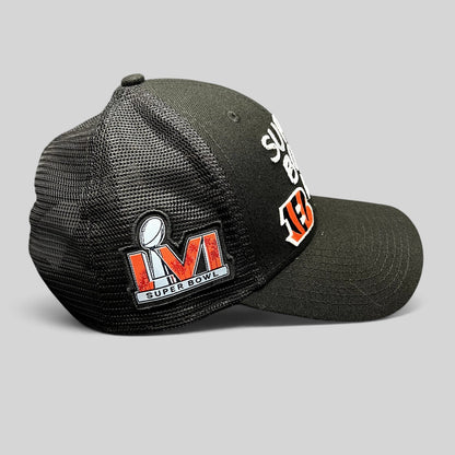 Raree Finds black New Era Super Bowl LVI trucker snapback hat with embroidered team logos and side patch