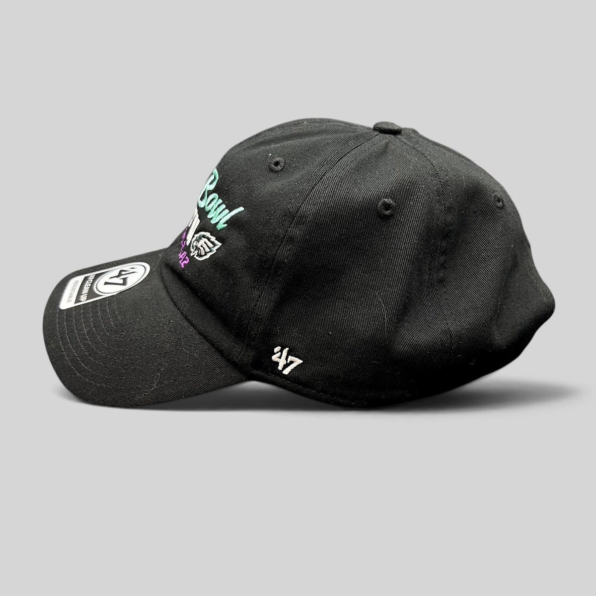 Raree Finds black ’47 Clean Up Super Bowl LVII strapback hat with embroidered team logos and event graphics