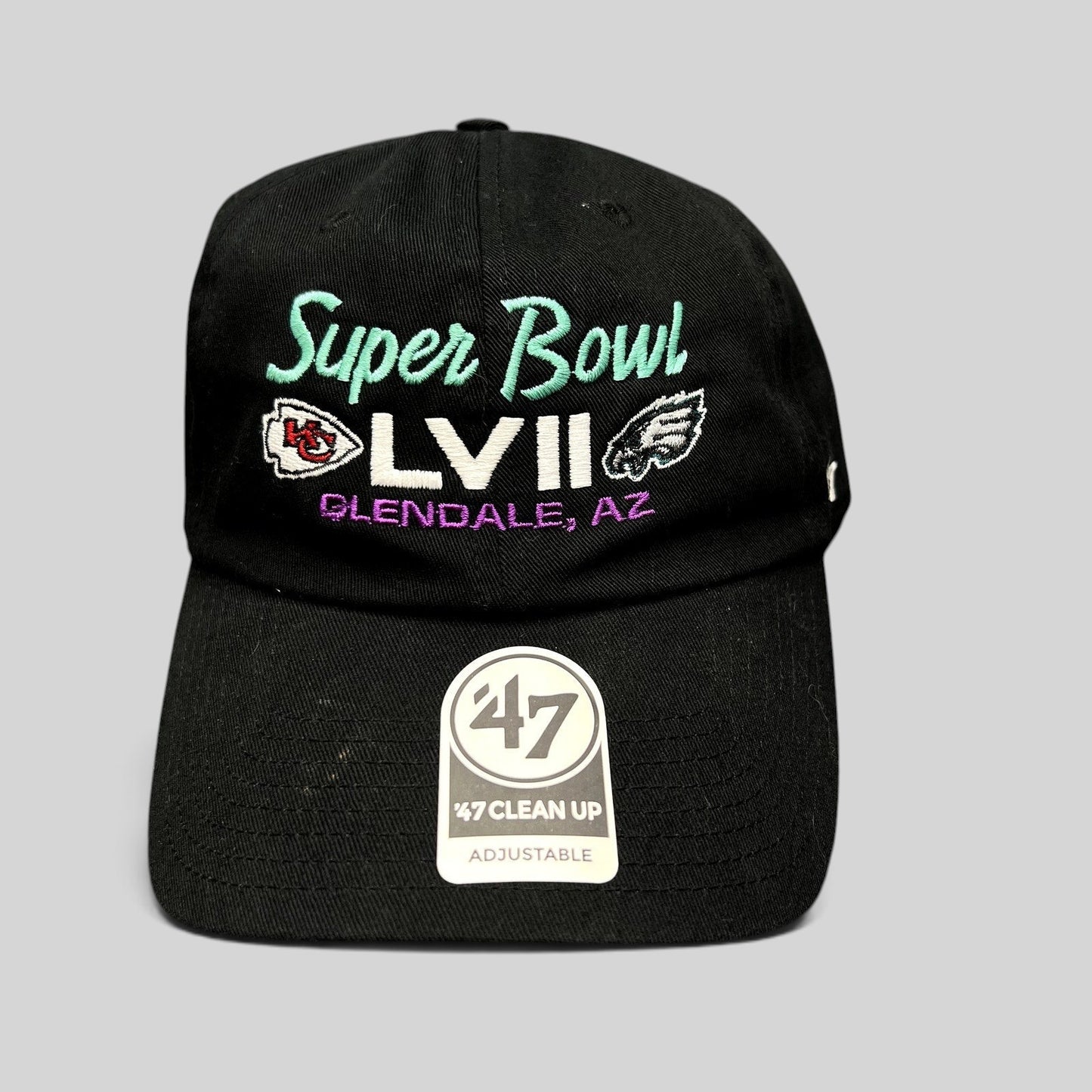 Raree Finds black ’47 Clean Up strapback hat featuring Super Bowl LVII embroidery with Chiefs and Eagles team logos.