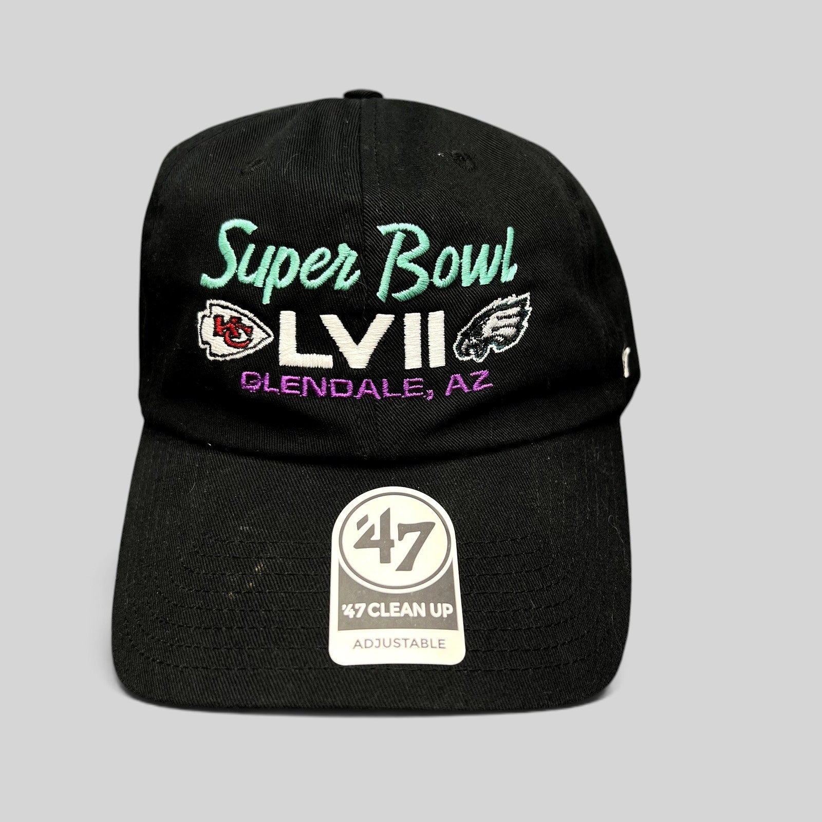 Raree Finds black ’47 Clean Up strapback hat featuring Super Bowl LVII embroidery with Chiefs and Eagles team logos.