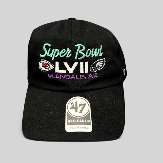 Raree Finds black ’47 Clean Up strapback hat featuring Super Bowl LVII embroidery with Chiefs and Eagles team logos.