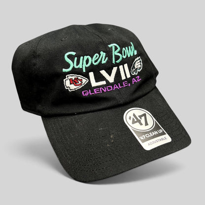 Raree Finds black ’47 Clean Up strapback hat featuring embroidered Super Bowl LVII graphics and team logos