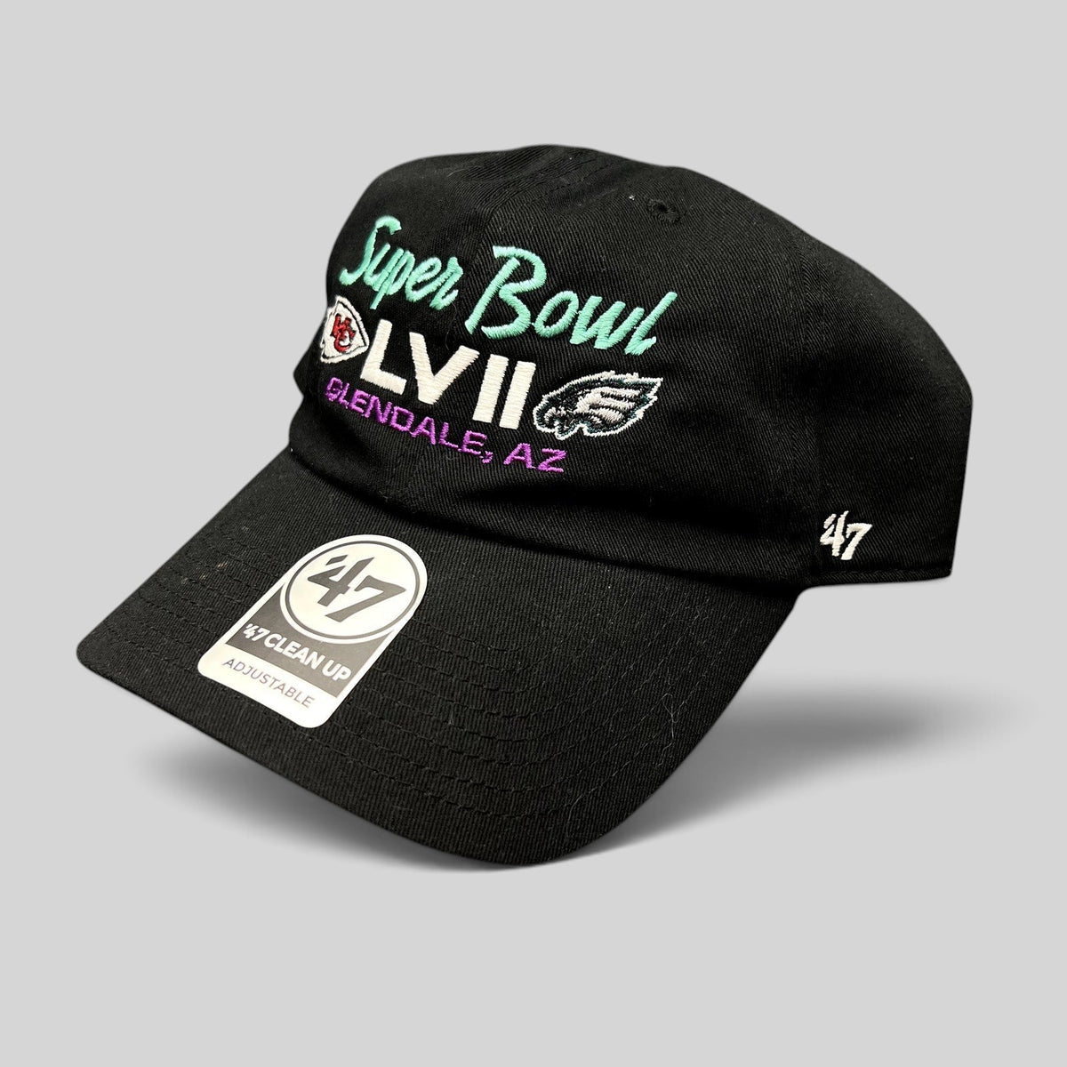 Raree Finds black ’47 Clean Up Super Bowl LVII strapback hat with Chiefs and Eagles embroidered team logos