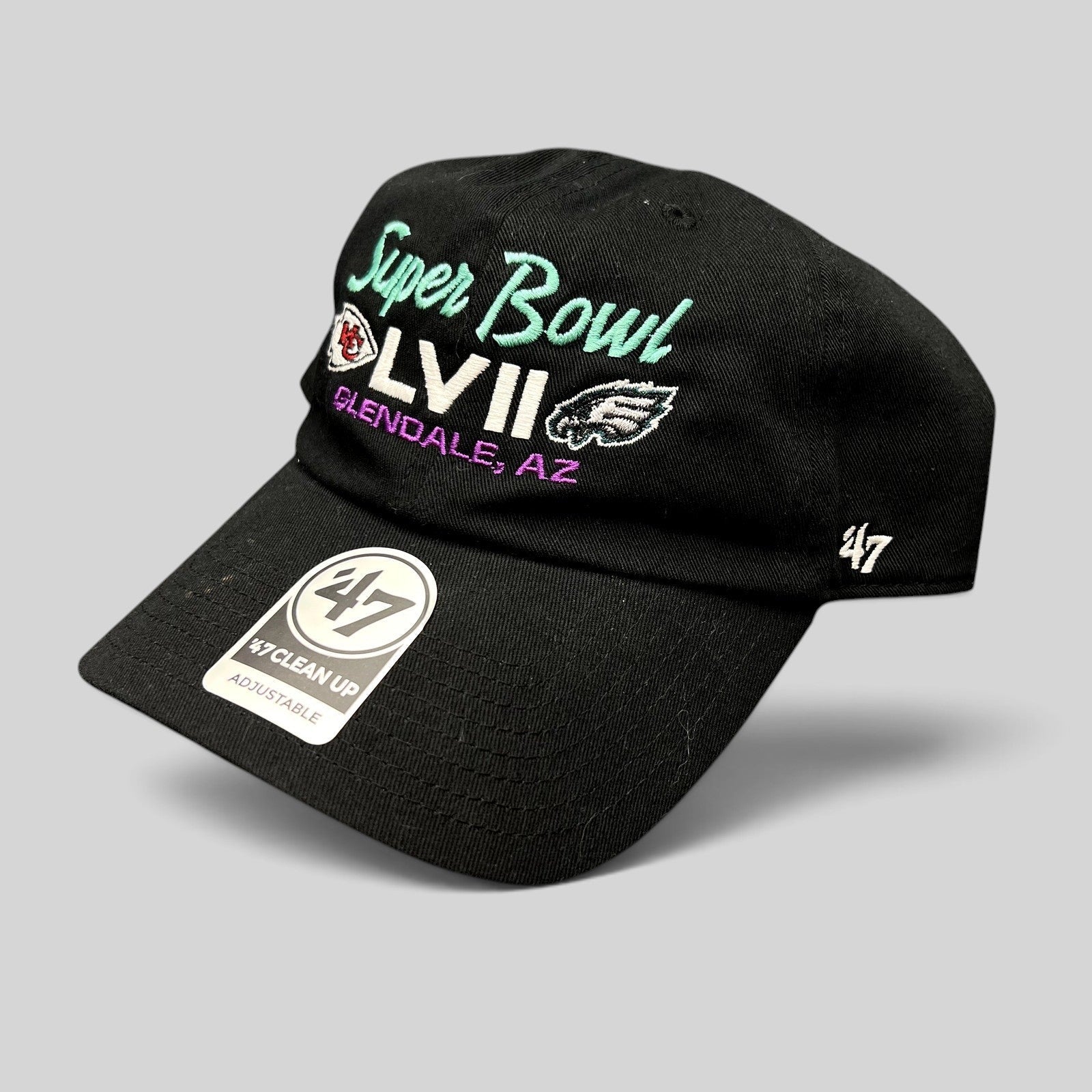 Raree Finds black ’47 Clean Up Super Bowl LVII strapback hat with Chiefs and Eagles embroidered team logos