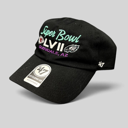 Raree Finds black ’47 Clean Up Super Bowl LVII strapback hat with Chiefs and Eagles embroidered team logos