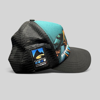 Raree Finds Superfeet GoPro Mountain Games trucker hat with black mesh back and colorful mountain graphic front panel