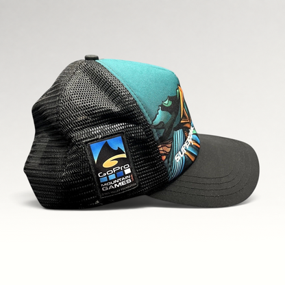 Raree Finds Superfeet GoPro Mountain Games trucker hat with black mesh back and colorful mountain graphic front panel