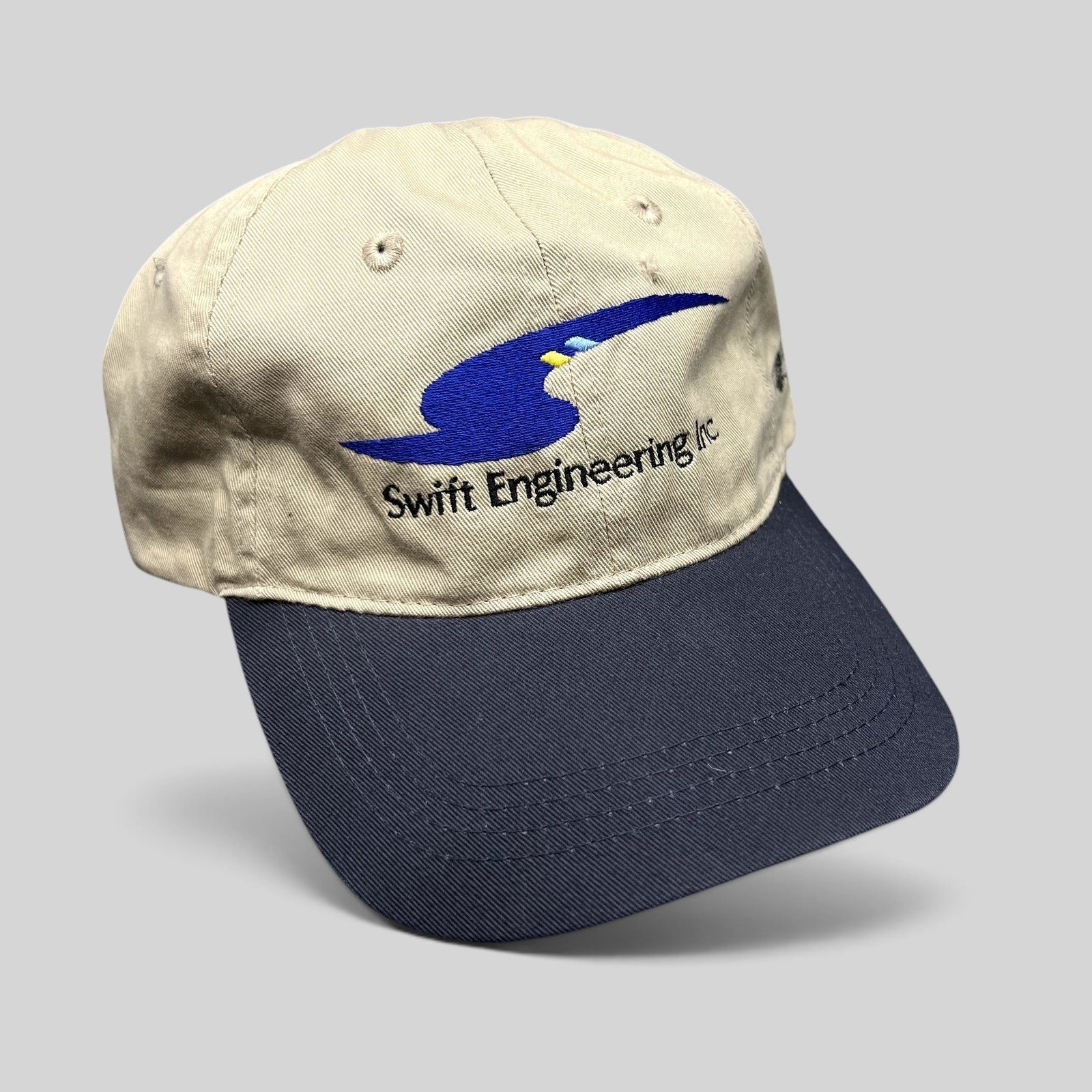 Raree Finds vintage two-tone khaki and navy OTTO strapback hat with embroidered Swift Engineering Inc logo