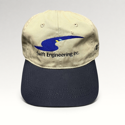 Raree Finds vintage Swift Engineering Inc two-tone khaki and navy cotton strapback hat with embroidered logo