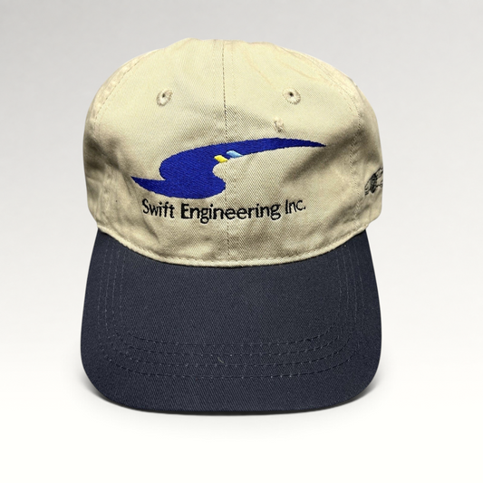 Raree Finds vintage Swift Engineering Inc two-tone khaki and navy cotton strapback hat with embroidered logo