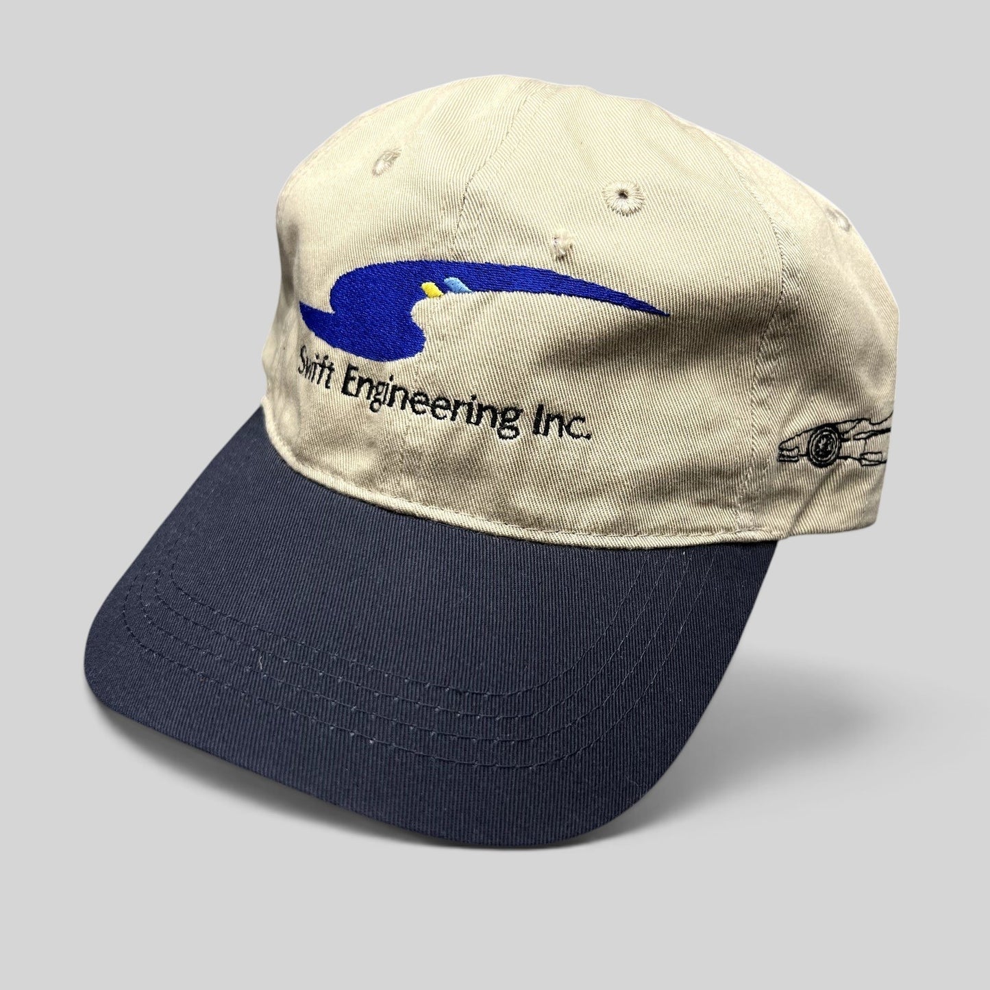 Raree Finds vintage OTTO strapback hat in khaki and navy with Swift Engineering Inc logo and Indy car embroidery.