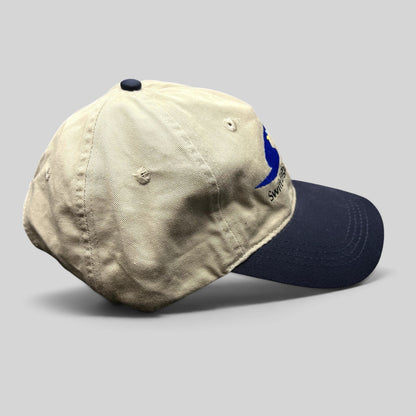 Raree Finds vintage Swift Engineering Inc two-tone khaki and navy cotton strapback hat with embroidered logo