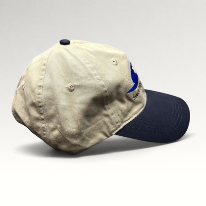 Raree Finds vintage Swift Engineering Inc two-tone khaki and navy cotton strapback hat with embroidered logo