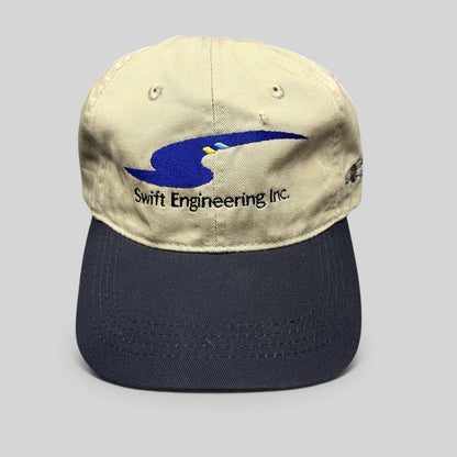 Raree Finds vintage Swift Engineering Inc two-tone khaki and navy cotton strapback hat with embroidered logo
