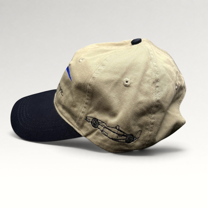 Raree Finds vintage Swift Engineering Inc two-tone khaki and navy cotton strapback hat with Indy car embroidery.