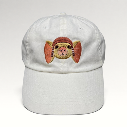 Raree Finds white cotton youth strapback hat featuring an embroidered Tale of Despereaux mouse character on the front.