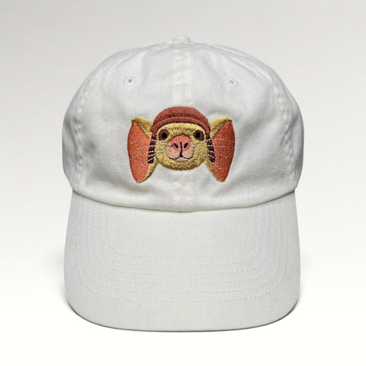 Raree Finds white cotton youth strapback hat featuring an embroidered Tale of Despereaux mouse character on the front.