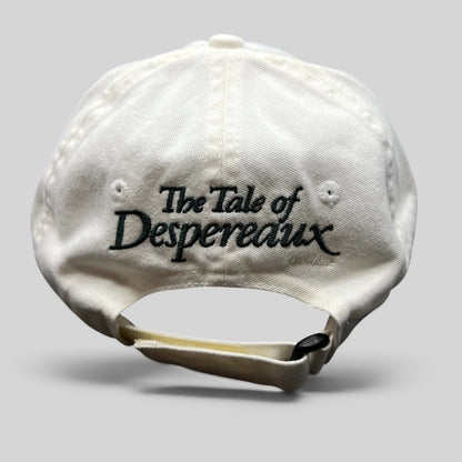 Raree Finds white cotton strapback hat featuring The Tale of Despereaux movie title embroidery on the back
