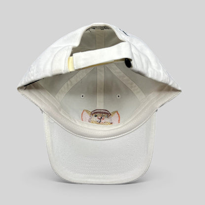 Raree Finds white cotton youth strapback hat featuring an embroidered Tale of Despereaux mouse character graphic