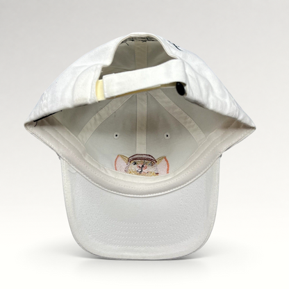 Raree Finds white cotton youth strapback hat featuring an embroidered Tale of Despereaux mouse character graphic