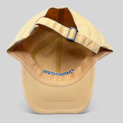 Raree Finds vintage tan cotton strapback dad cap with adjustable metal buckle and interior Trashmasters branding