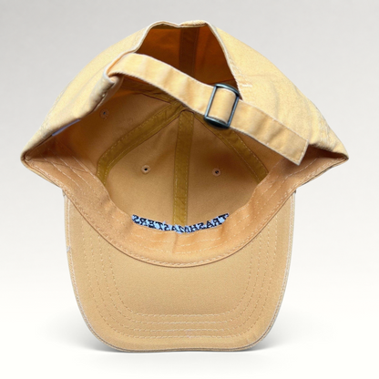 Raree Finds vintage tan cotton strapback dad cap with adjustable metal buckle and interior Trashmasters branding
