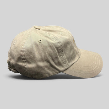 Raree Finds vintage tan cotton strapback hat with unstructured fit and minimalist dancing bear embroidery